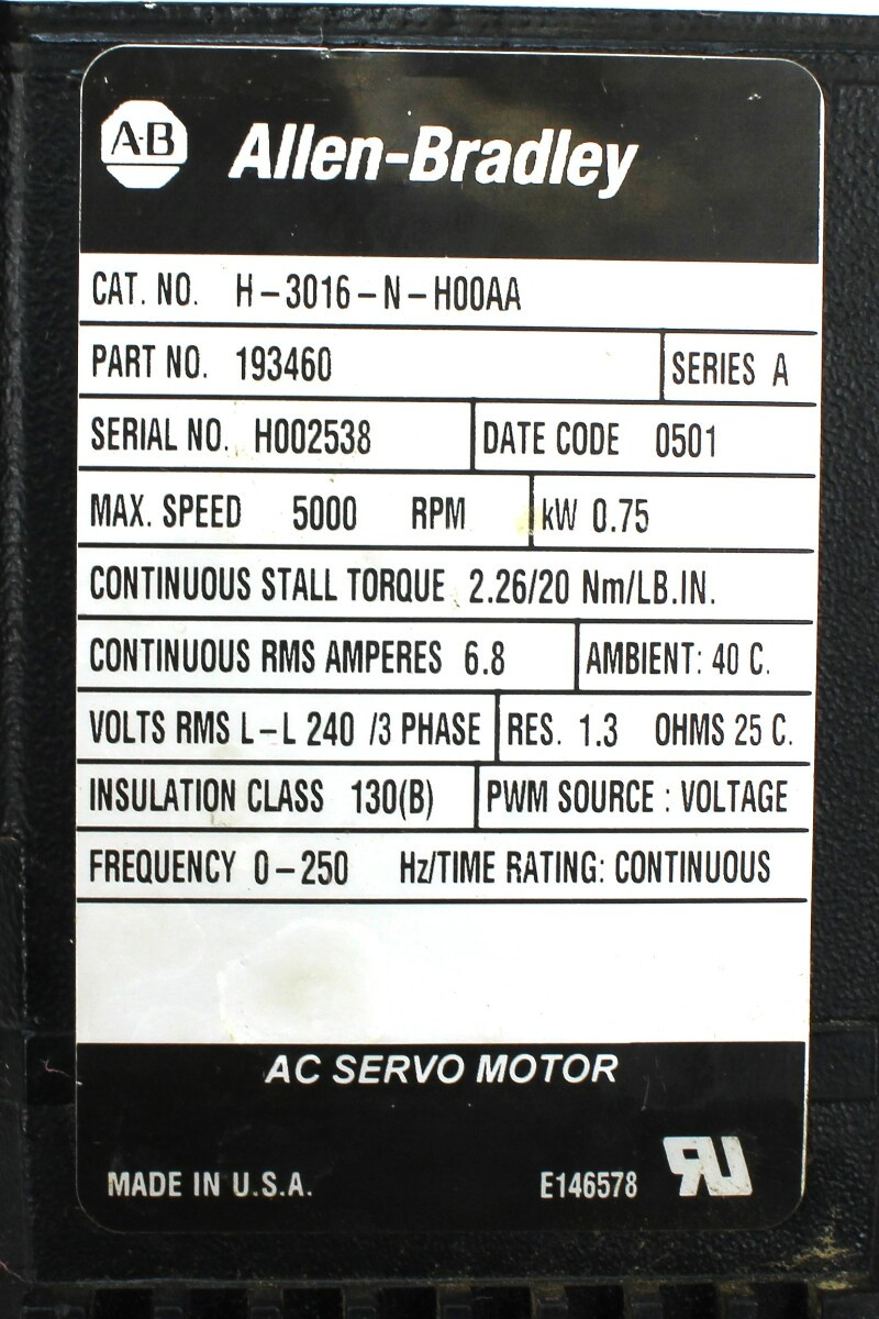 Allen Bradley H-3016-N-H00AA Servo Motor, Ser.A