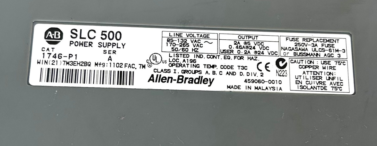 Allen Bradley 1746-A7 Ser.B 7-Slot PLC Rack w/ 1746-P1 Ser.A Power Supply