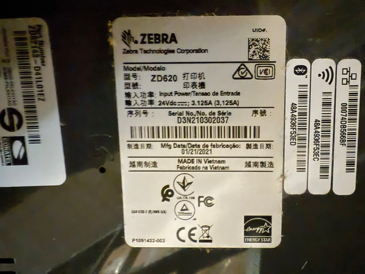 Zebra ZD620 Thermal Barcode Label Printer ZD62143-D41L01EZ