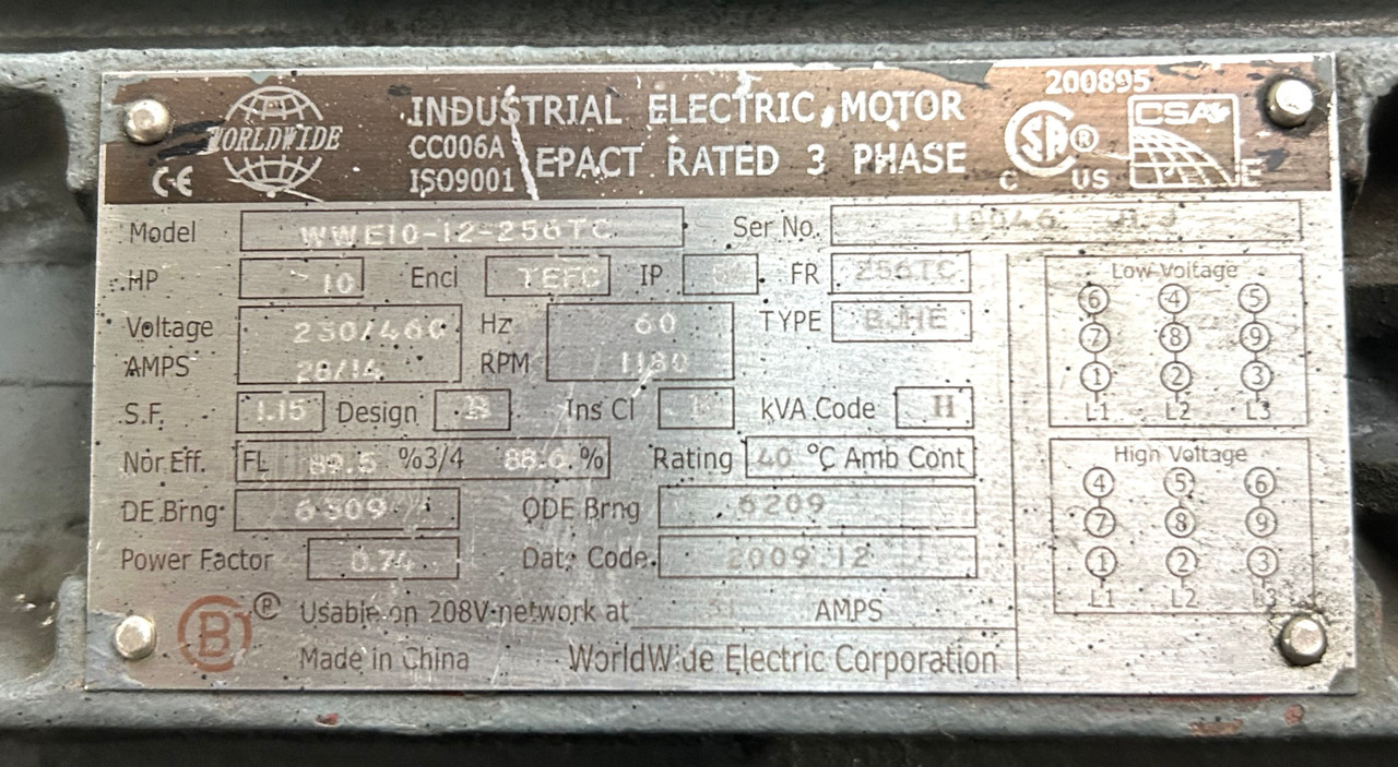 WorldWide Electric WWE10-12-256TC Motor