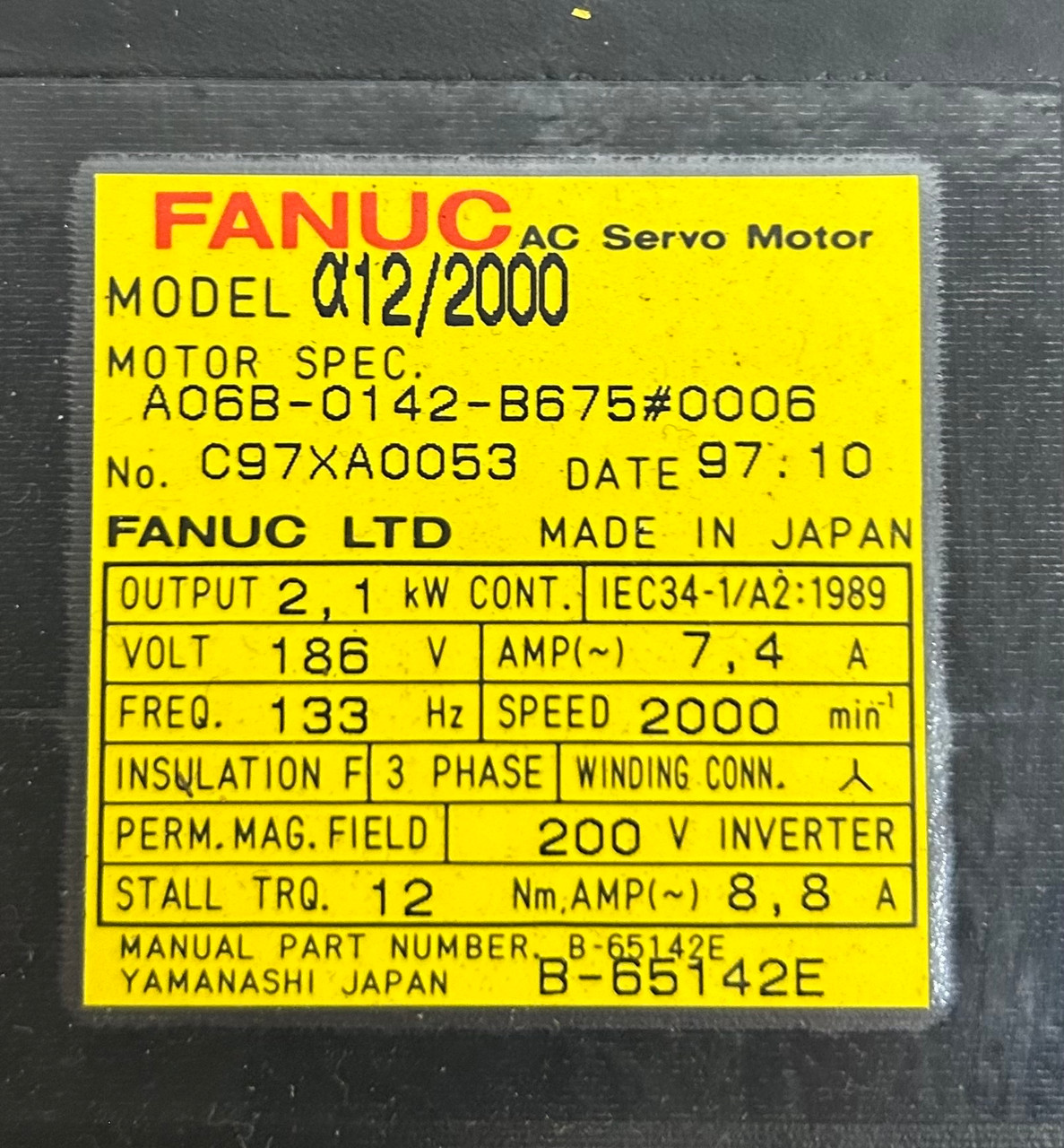 Fanuc A06B-0142-B675#0006 AC Servo Motor, 186V