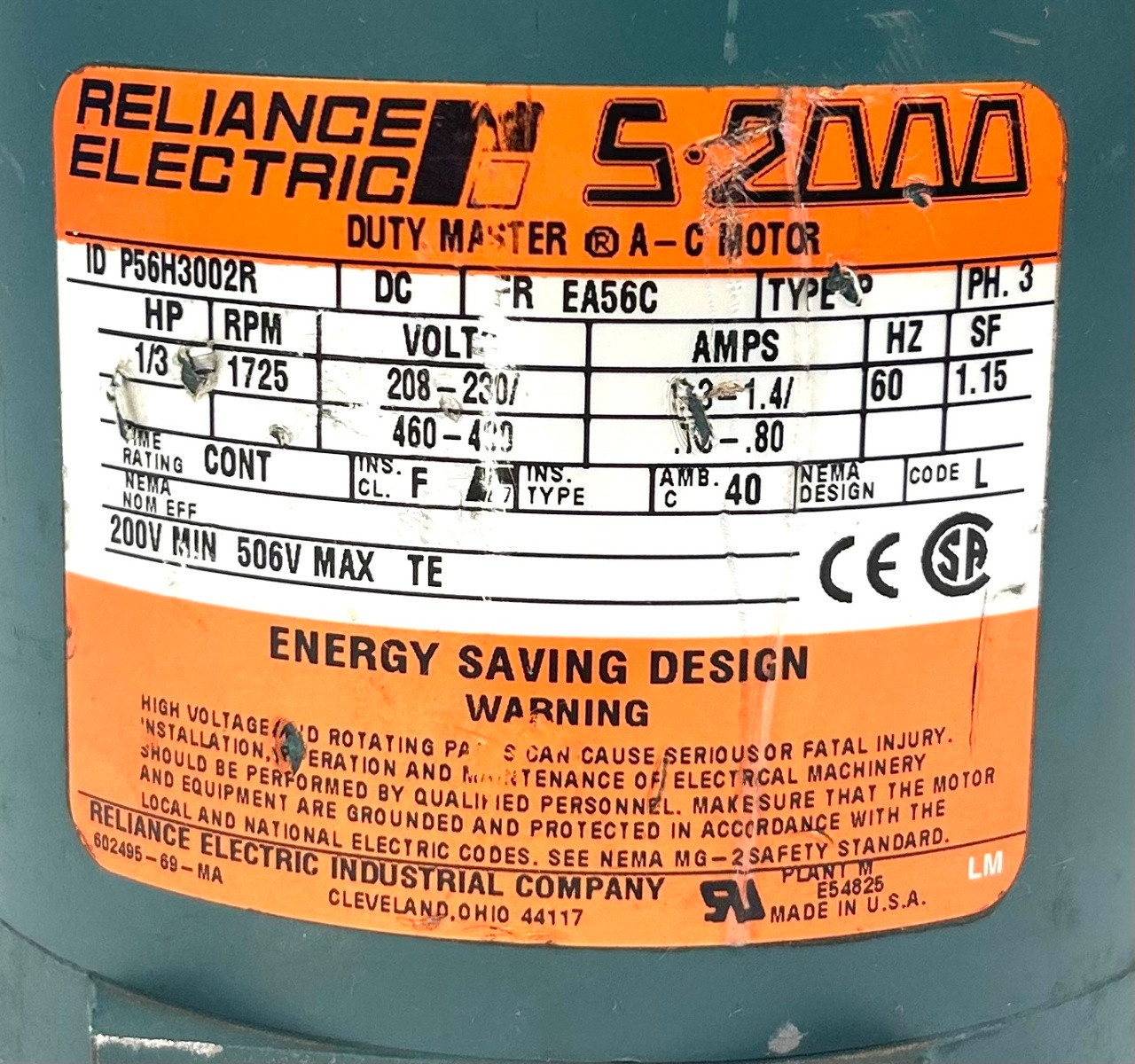 Reliance Electric P56H3002R AC Motor, 1/3 HP, 1725 RPM