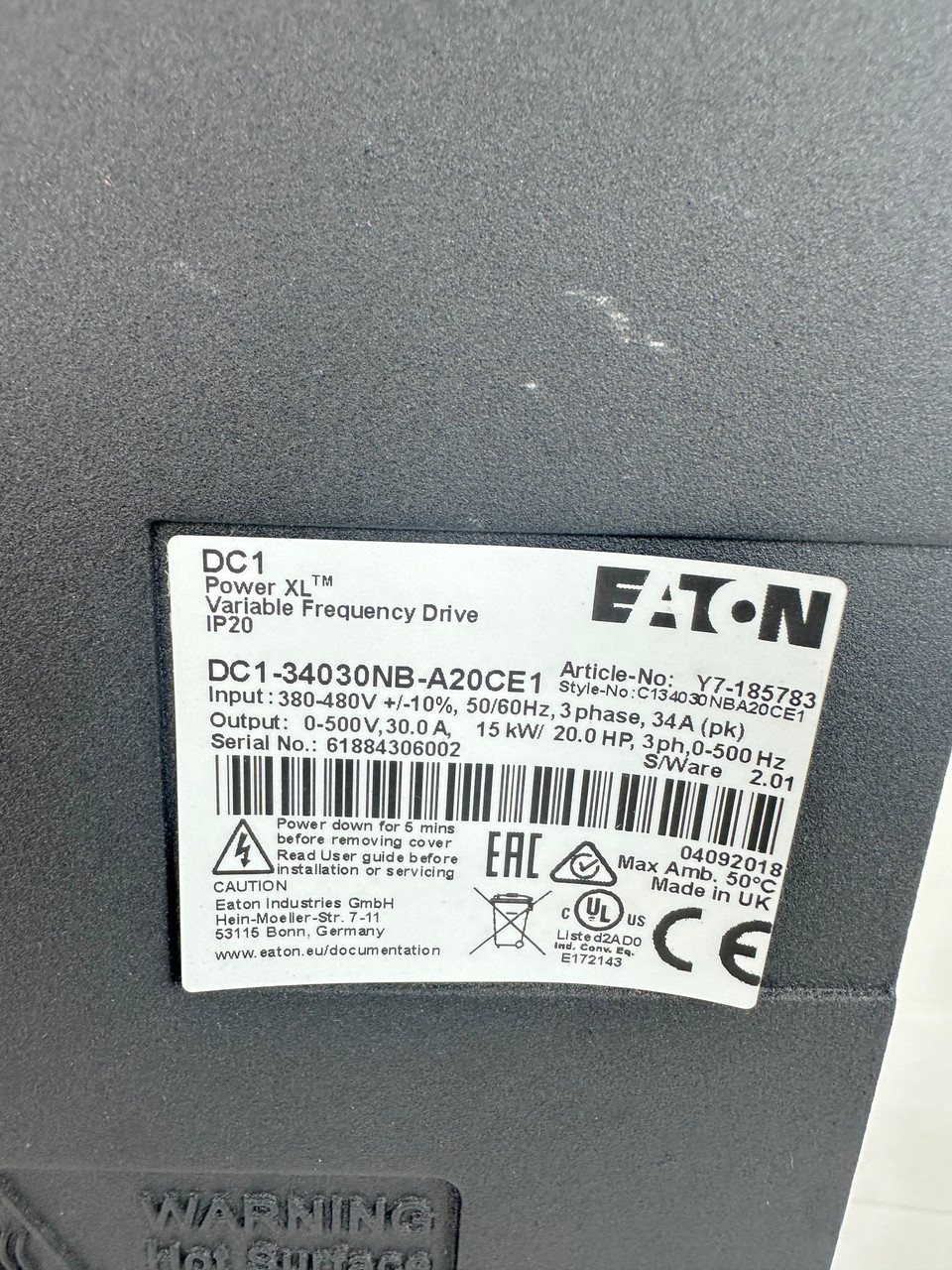 Eaton DC1-34030NB-A20CE1 Variable Frequency Drive 20Hp 15Kw 460V