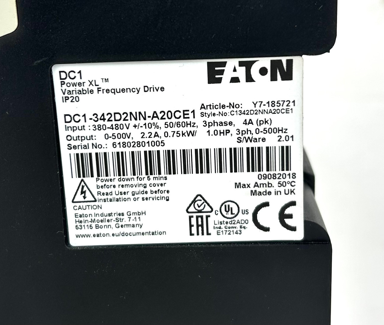 Eaton DC1-342D2NN-A20CE1 Frequency Drive, 1.0Hp, 3 Phase