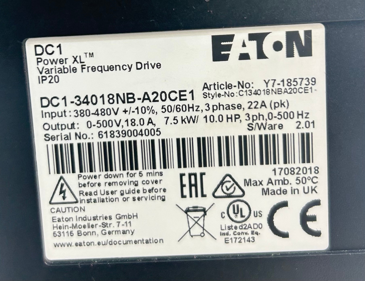 Eaton DC1-34014NB-A20CE1 Variable Frequency Drive 7.5Hp 5.5Kw 460V