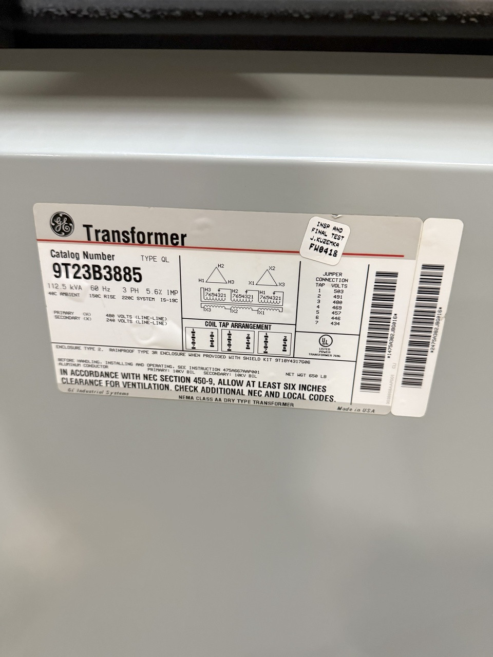 GE 112.5 Kva 3 Phase Transformer 480V x 240V Type 2 QL 9T23B3885