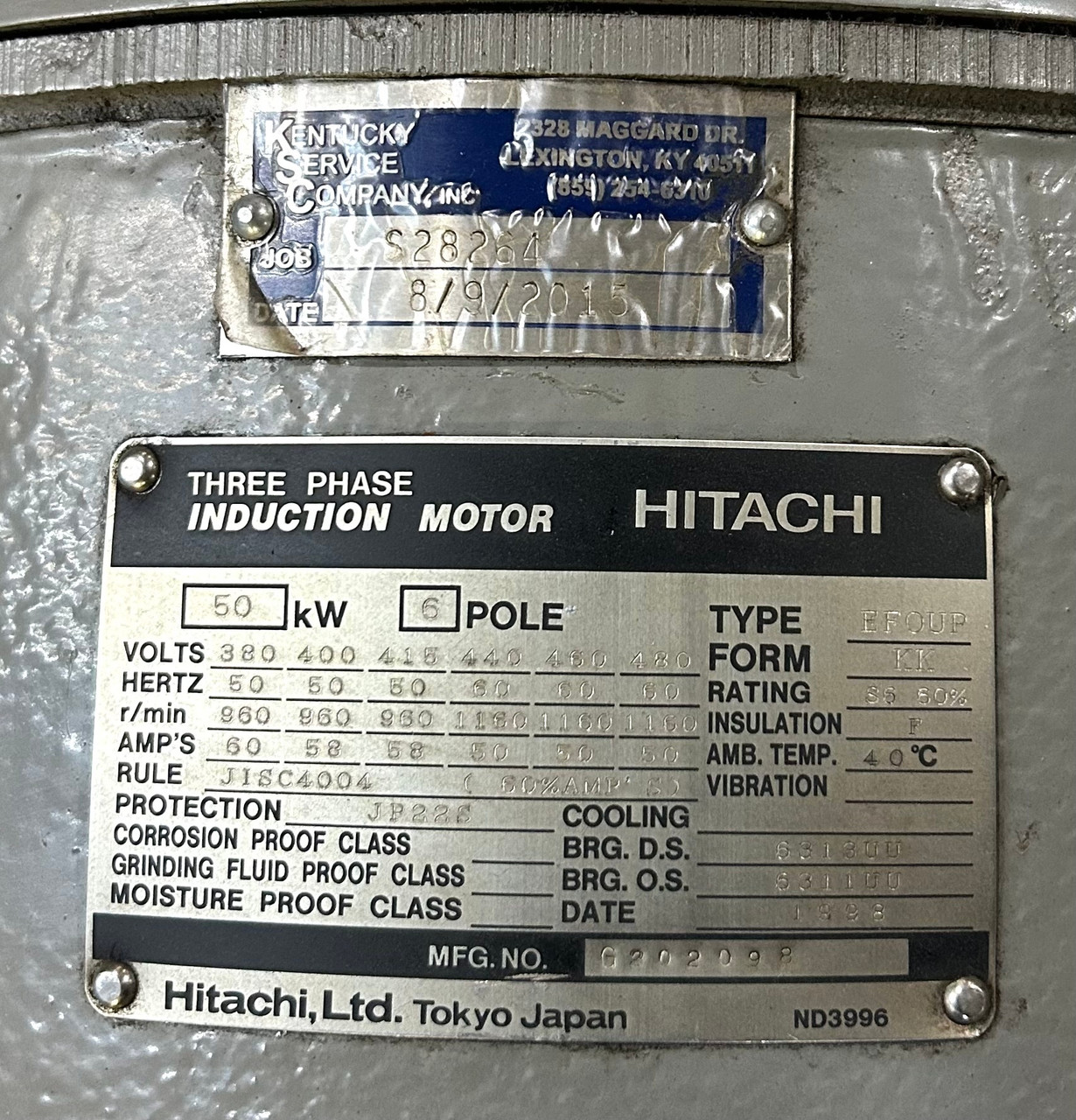 Hitachi EFOUP Induction Motor, 50kW, 6-Pole, 3-Phase