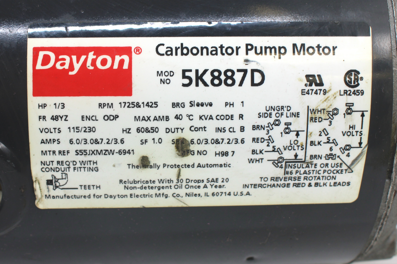 Dayton 5K887D Carbonator Pump Motor W/ Procon 104C240F11XX Brass Pump