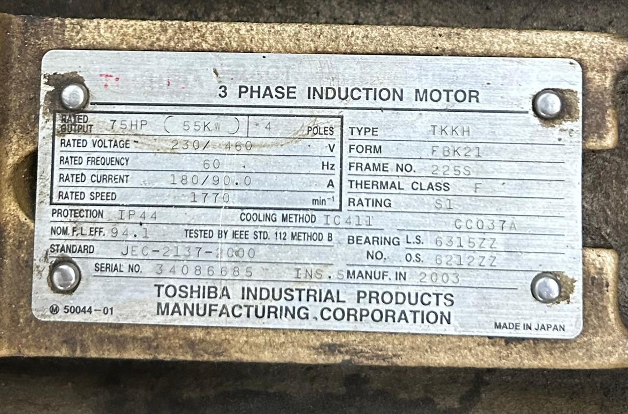 Toshiba TKKH Electric Motor, 75HP, 1770rpm, 225S Frame, 60Hz