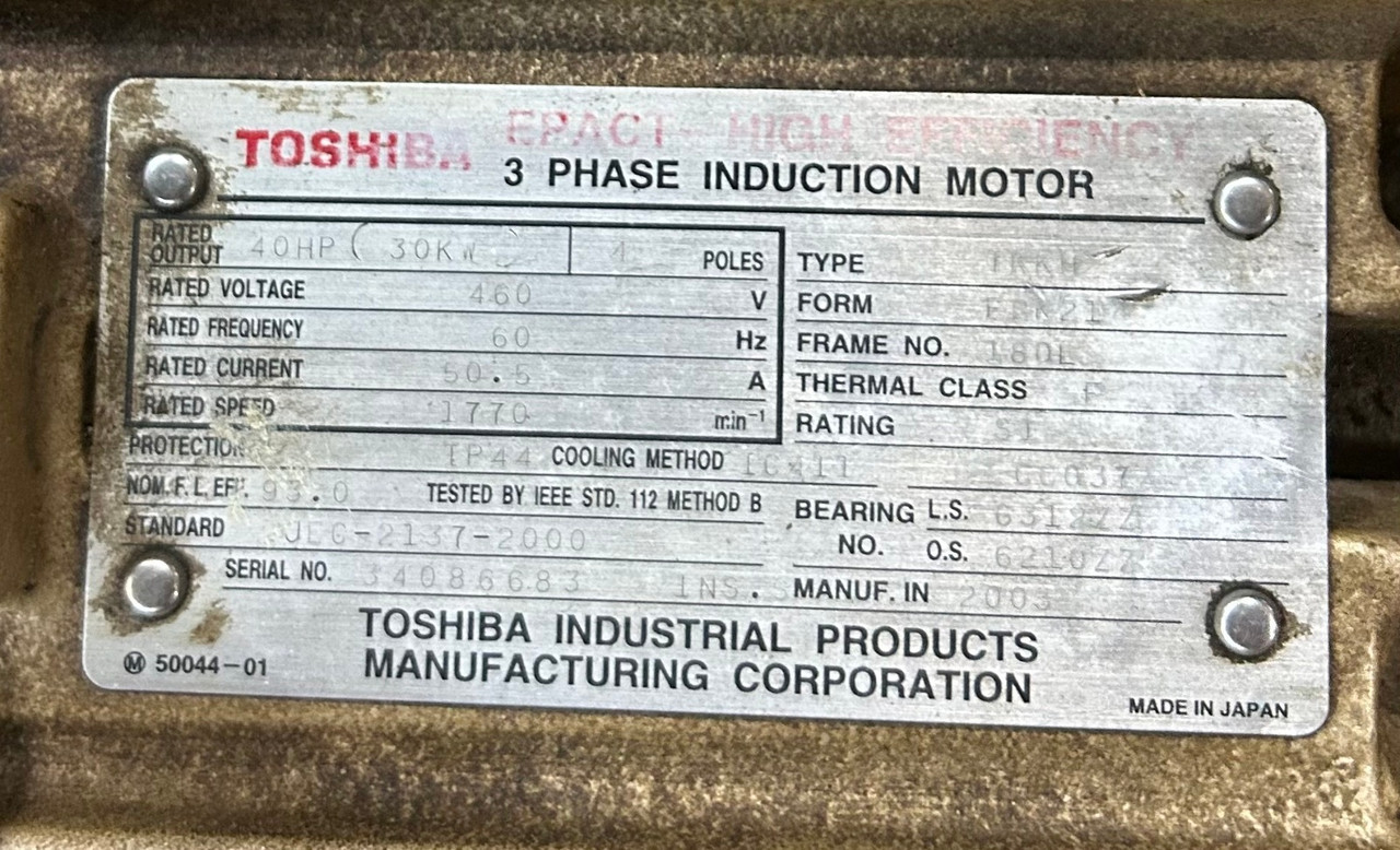 Toshiba TKKH Induction Motor, 40HP, 1770rpm, 180L Frame, 60Hz