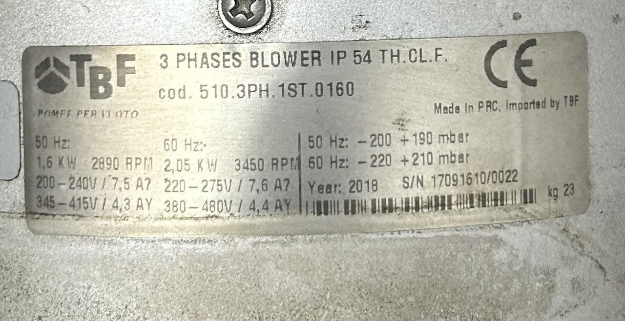 TBF 510.3PH.1ST.0160 Side Channel Blower, 1.6/2.05kW