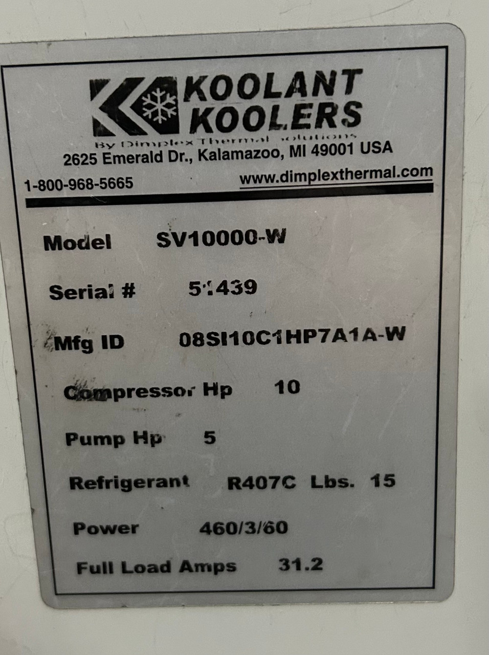 Koolant Koolers SV10000-W 10 Ton Chiller – R407C – 10HP Comp / 5HP Pump – 460V 3Ph