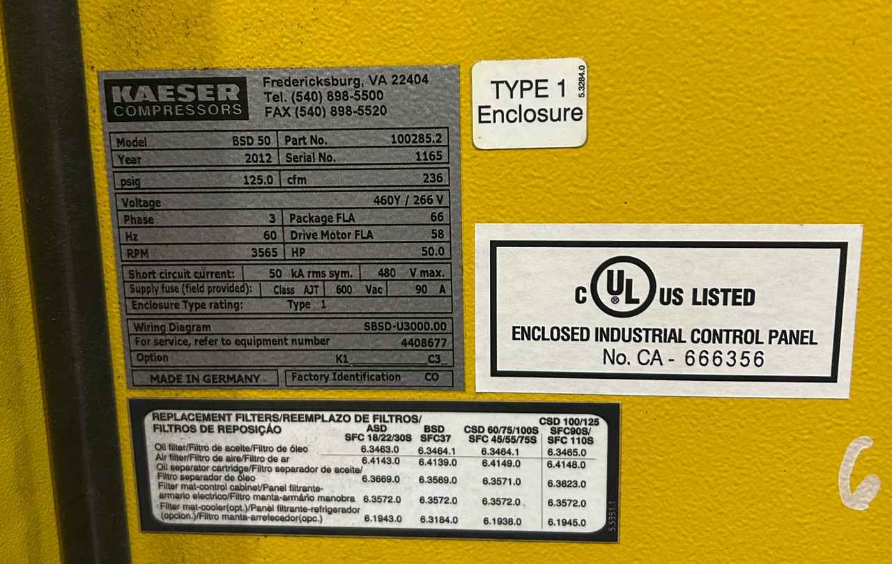 Kaeser BSD 50 Rotary Screw Air Compressor – 50 HP – 236 CFM – 460V – Year 2012