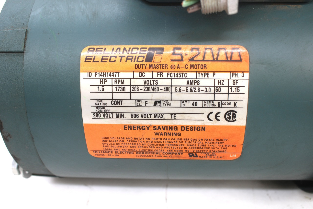 Reliance Electric P14H1447T AC Motor 3PH 1730 RPM, 1.5HP, 208-480V, FC145TC