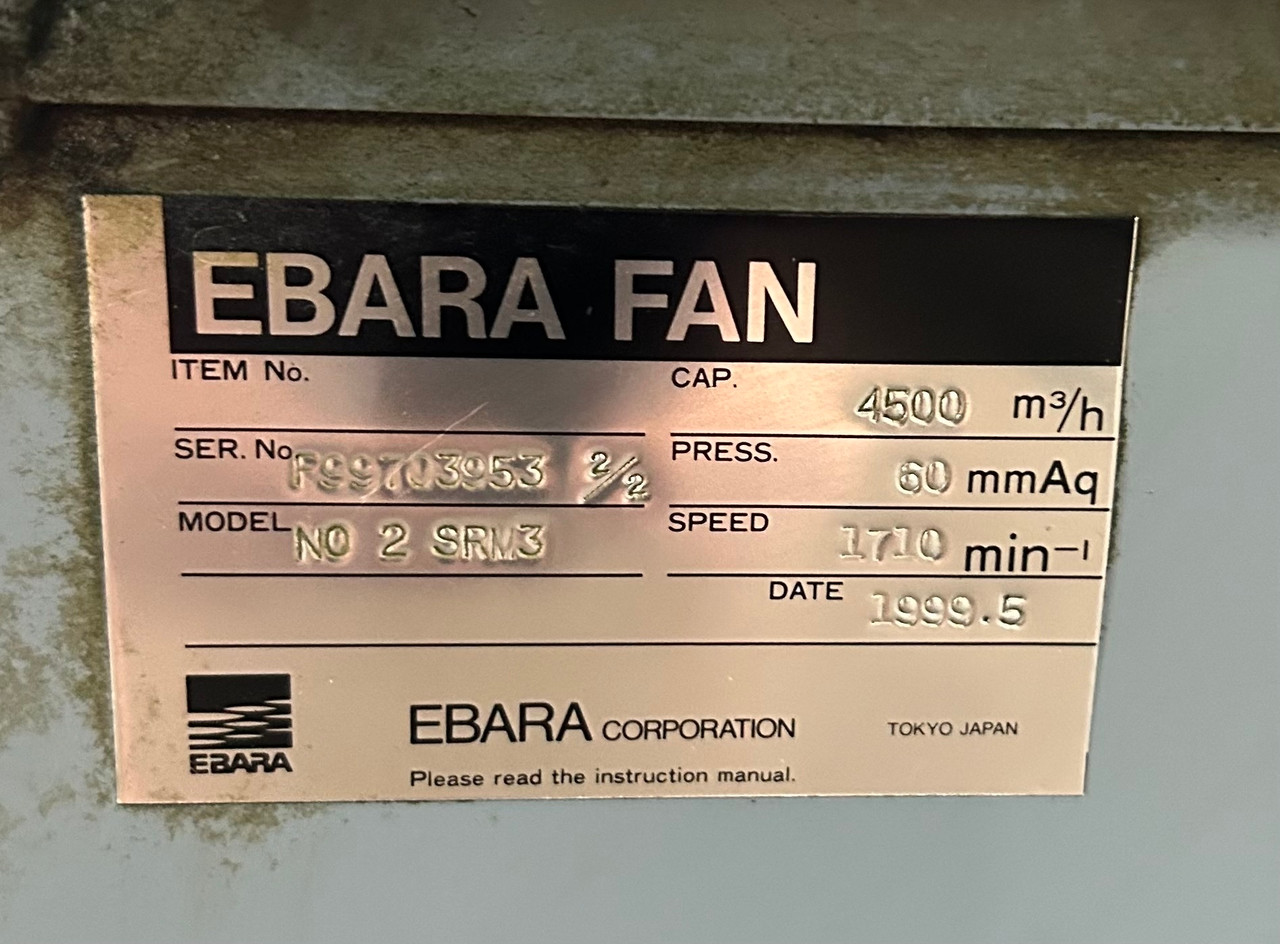 Ebara NO 2 SRM3 Blower Fan 2648 CFM w/ IK-DBKK8 Motor, 2.95 HP, 1710 min-1