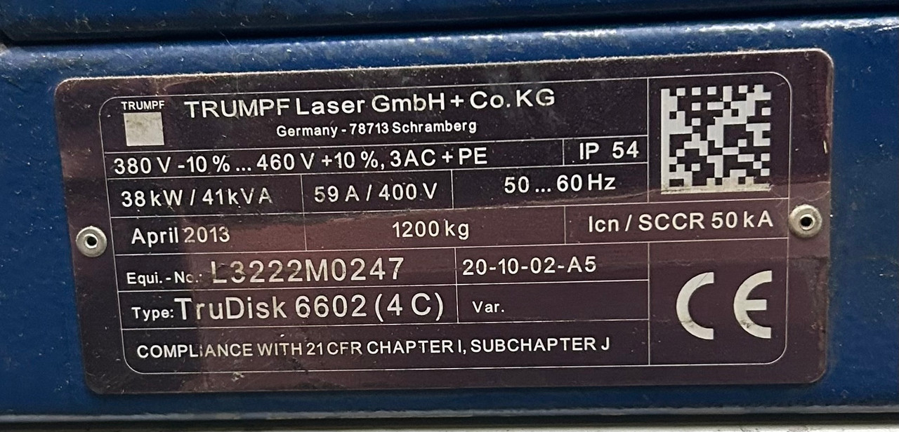Trumpf TruDisk 6602 CNC Laser Cutting Source 38kW 460V 3PH Fiber Laser