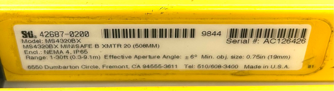 STI MS4320B MiniSafe MS4300 Series Light Curtain 42687-0200 Type 4