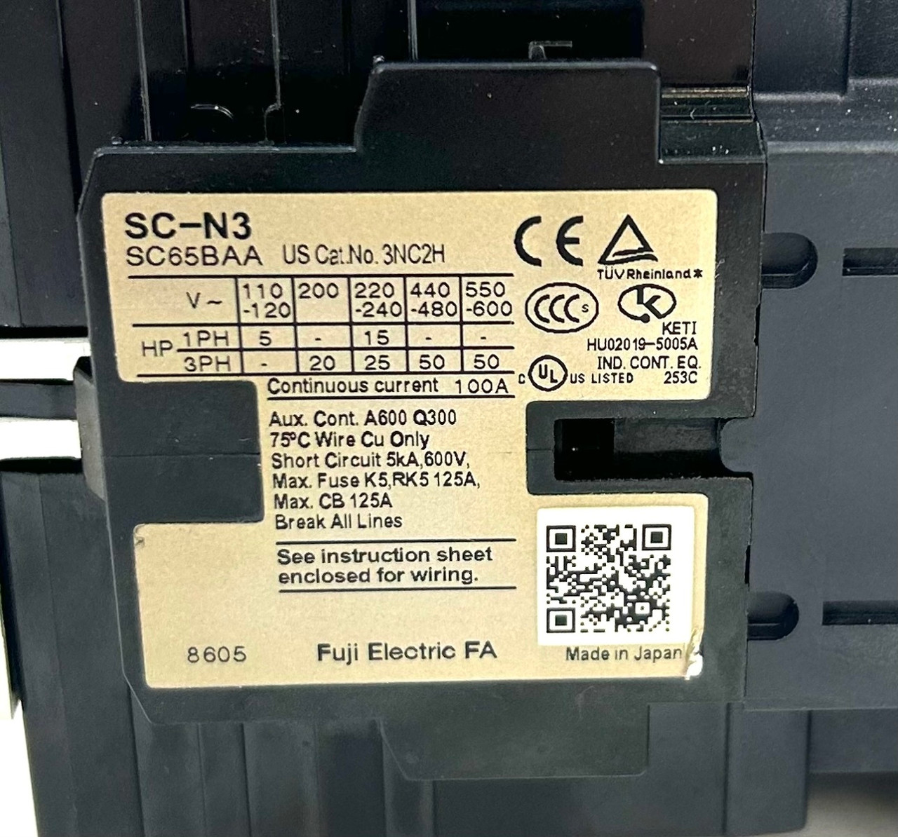 Fuji Electric SC-N3 SC65BAA Contactor 100-110V Coil Voltage