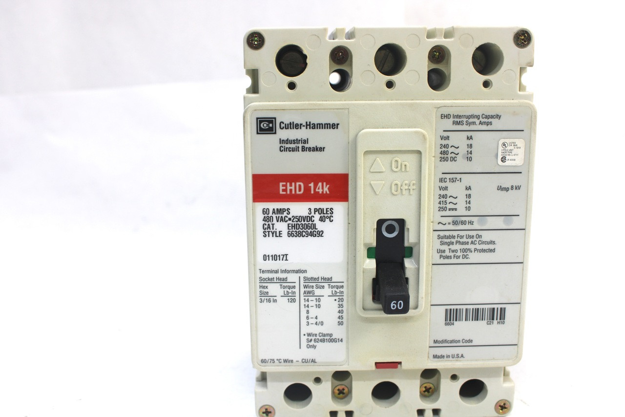 Cutler-Hammer EHD3060L Circuit Breaker 60A, 3POLES, 480VAC, 250VDC