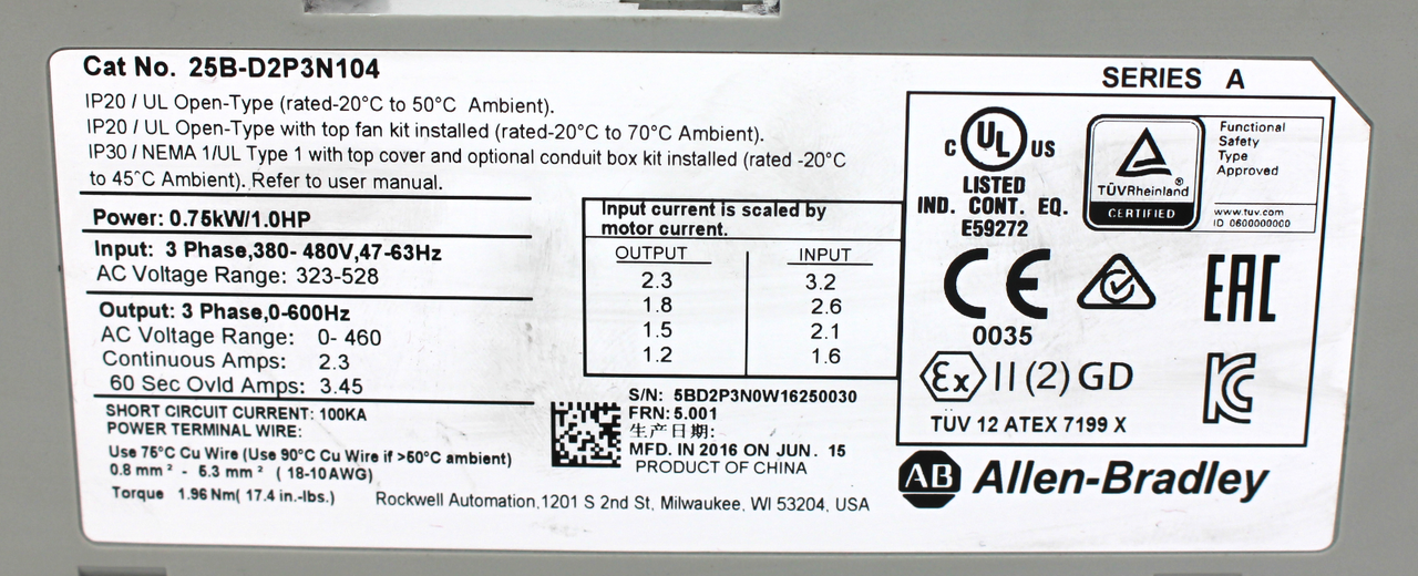 Allen Bradley 25B-D2P3N104 AC Drive, 480V (NO COVER)