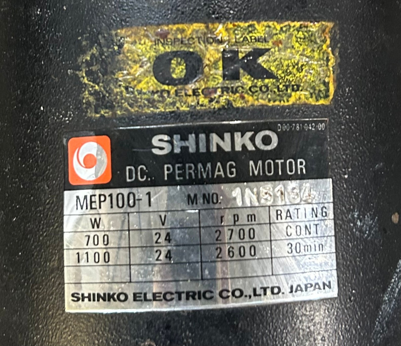 Shinko Electric 1N5184 DC Permanent Magnet Motor, MEP100-1