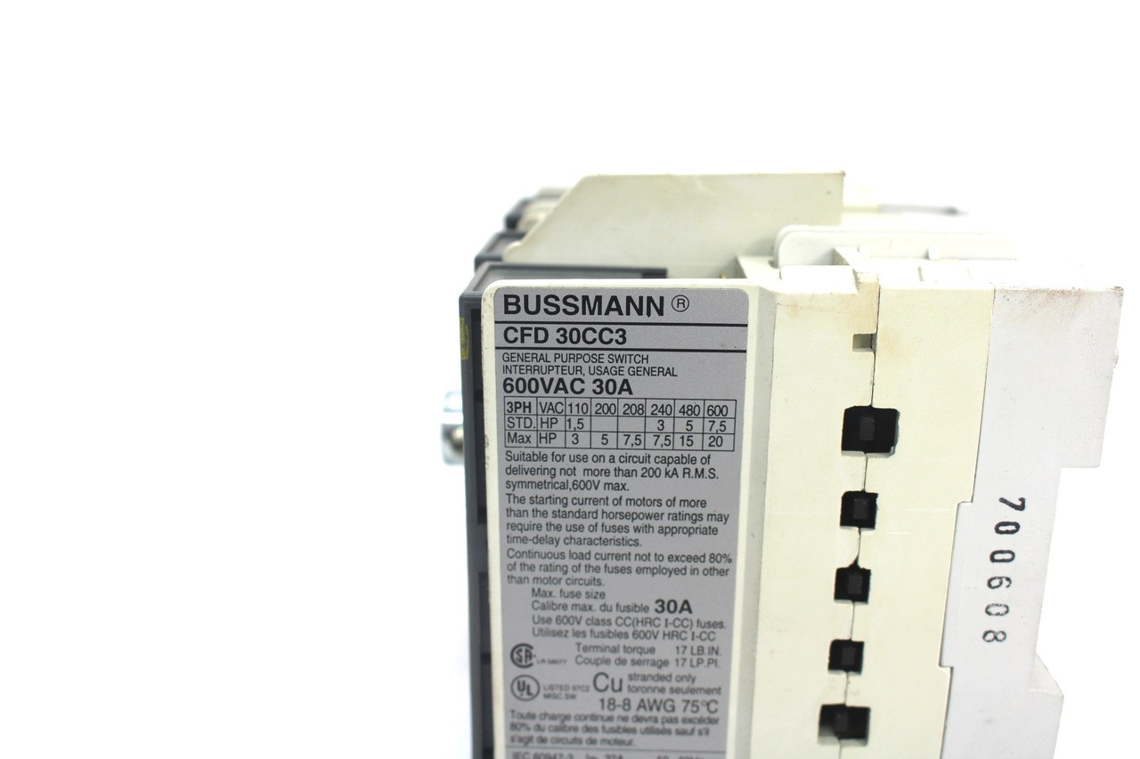 Bussmann CFD 30CC3 Fusible Disconnect Switch w/ HRC ICC Fuse Holder, 30A, 600V Bussmann CFD 30CC3 Fusible Disconnect Switch w/ HRC ICC Fuse Holder, 30A, 600V