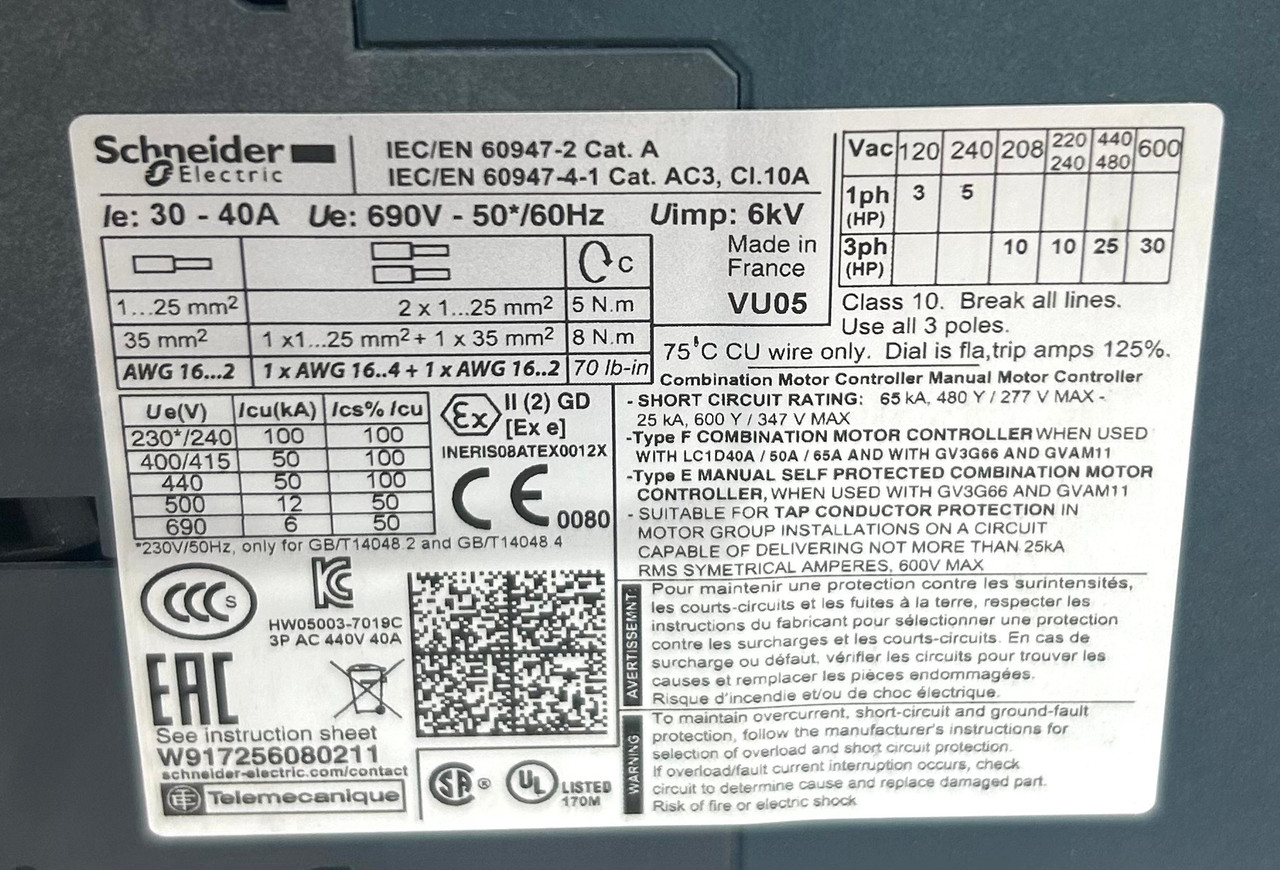 Schneider Electric W917256080211 Manual Starter, 690V, 30-40A