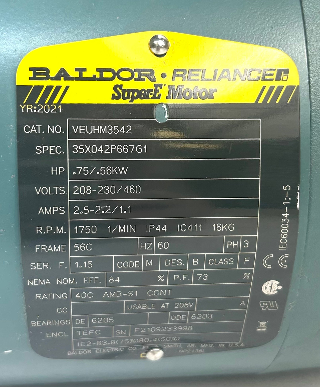 Baldor Reliance VEUHM3542 AC Motor, .56KW, 1750RPM Baldor Reliance VEUHM3542 AC Motor, .56KW, 1750RPM