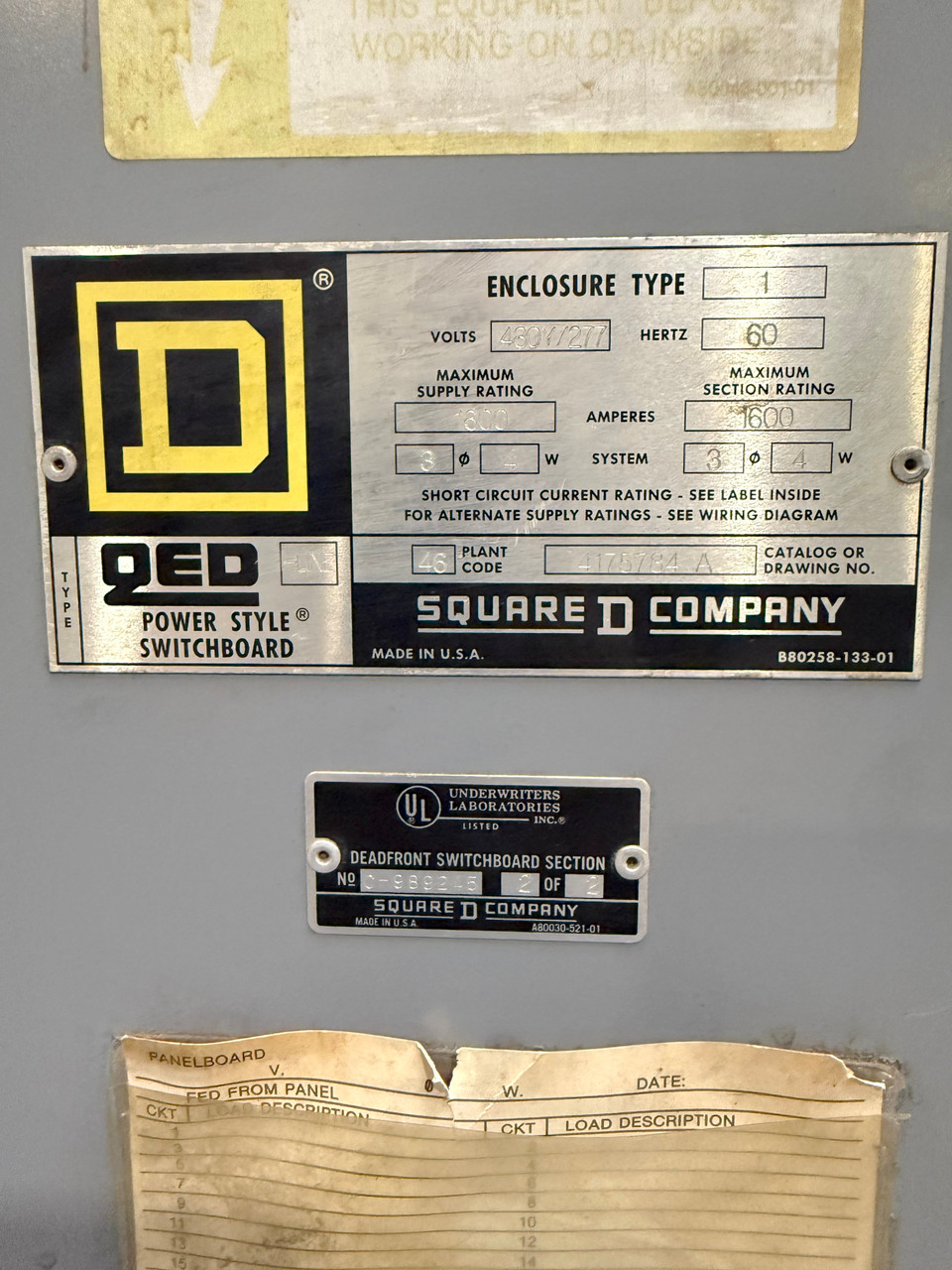 Square D QED 1600 Amp Switchboard 480/277V 4 Wire Distribution Panel & Breakers
