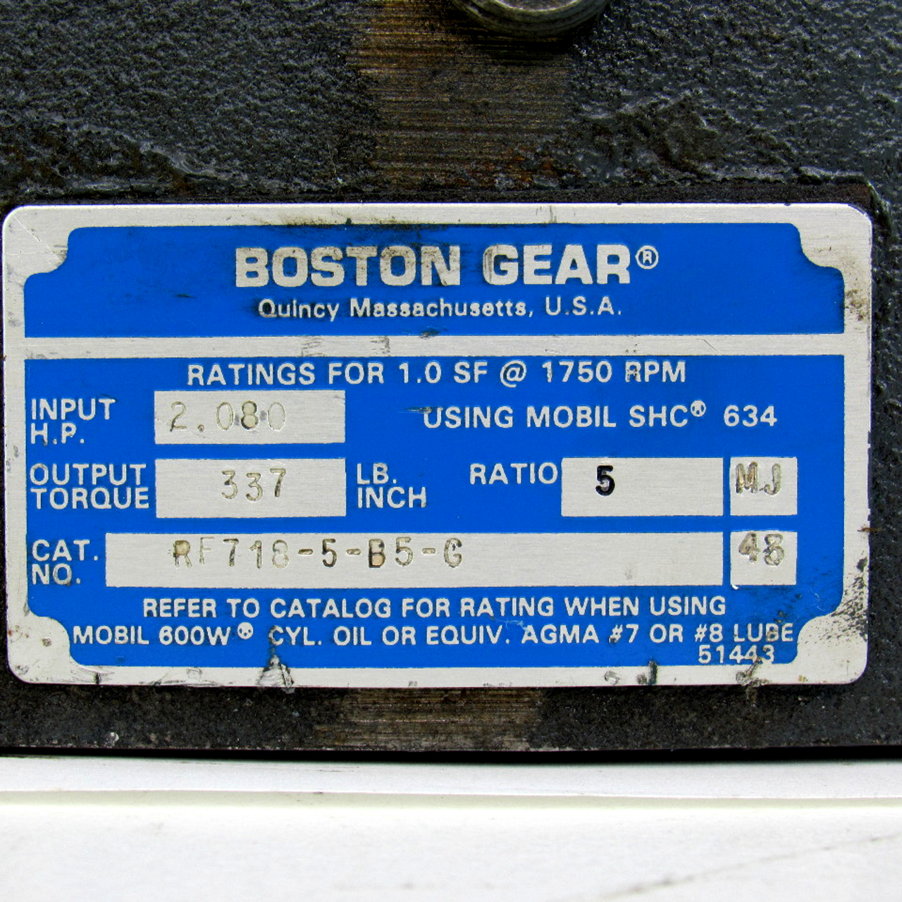 Boston Gear RF718-5-B5-G Speed Reducer, Right Angle, 1.0SF @ 1750 RPM, 2.080 HP, 5:1 Ratio, Output Torque: 337 Lb. Inch