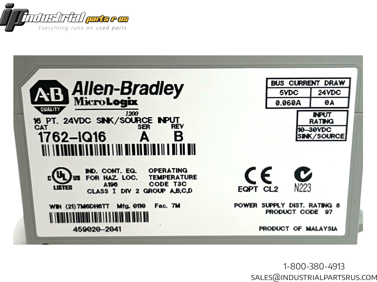 Allen Bradley 1762-IQ16 MicroLogix 1200 Input Module, Ser.A, Rev.B