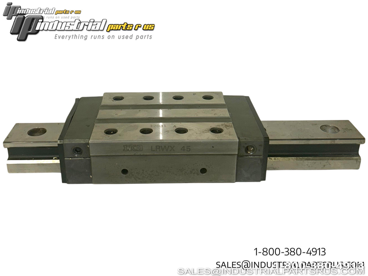 IKO LRWX 45C2R380T1H linear guide rail bearing block assembly with mounting holes on white background