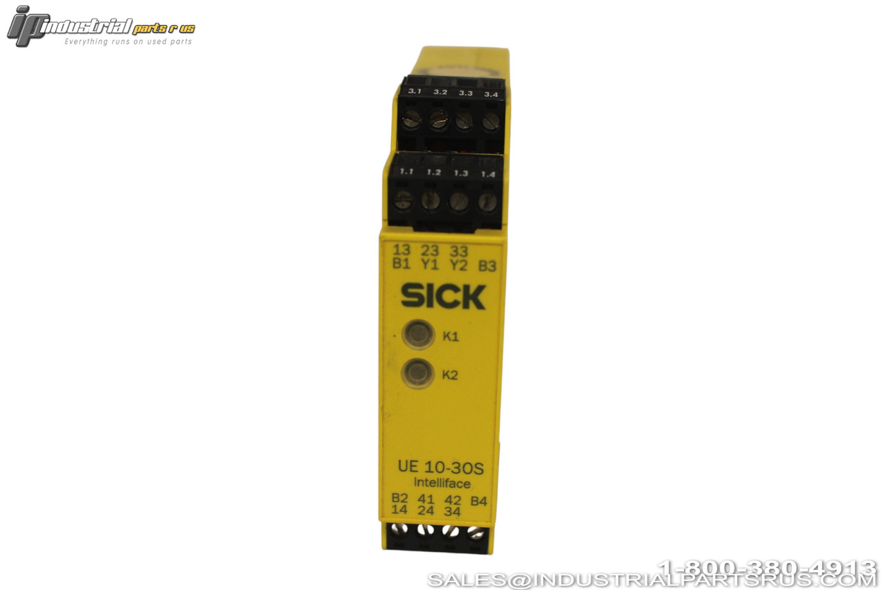Sick UE 10-30S3D0 Safety Relay Module Yellow Housing Terminal Connections K1 K2 Buttons DIN Rail Mount