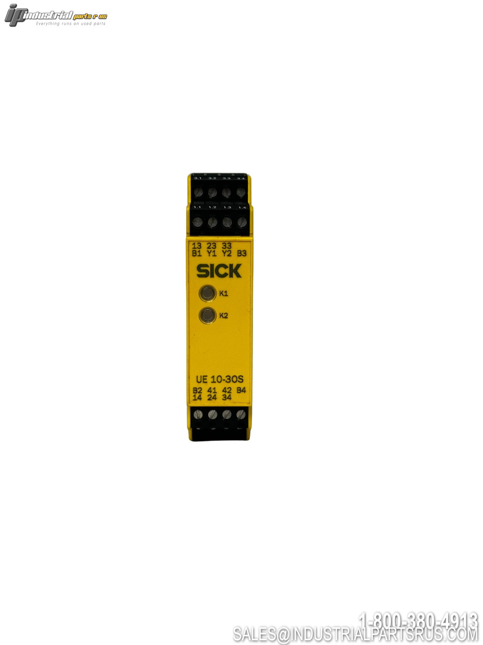 SICK UE10-30S3D0 Safety Relay Module Yellow DIN Rail Mount with Terminal Connections and Status LEDs