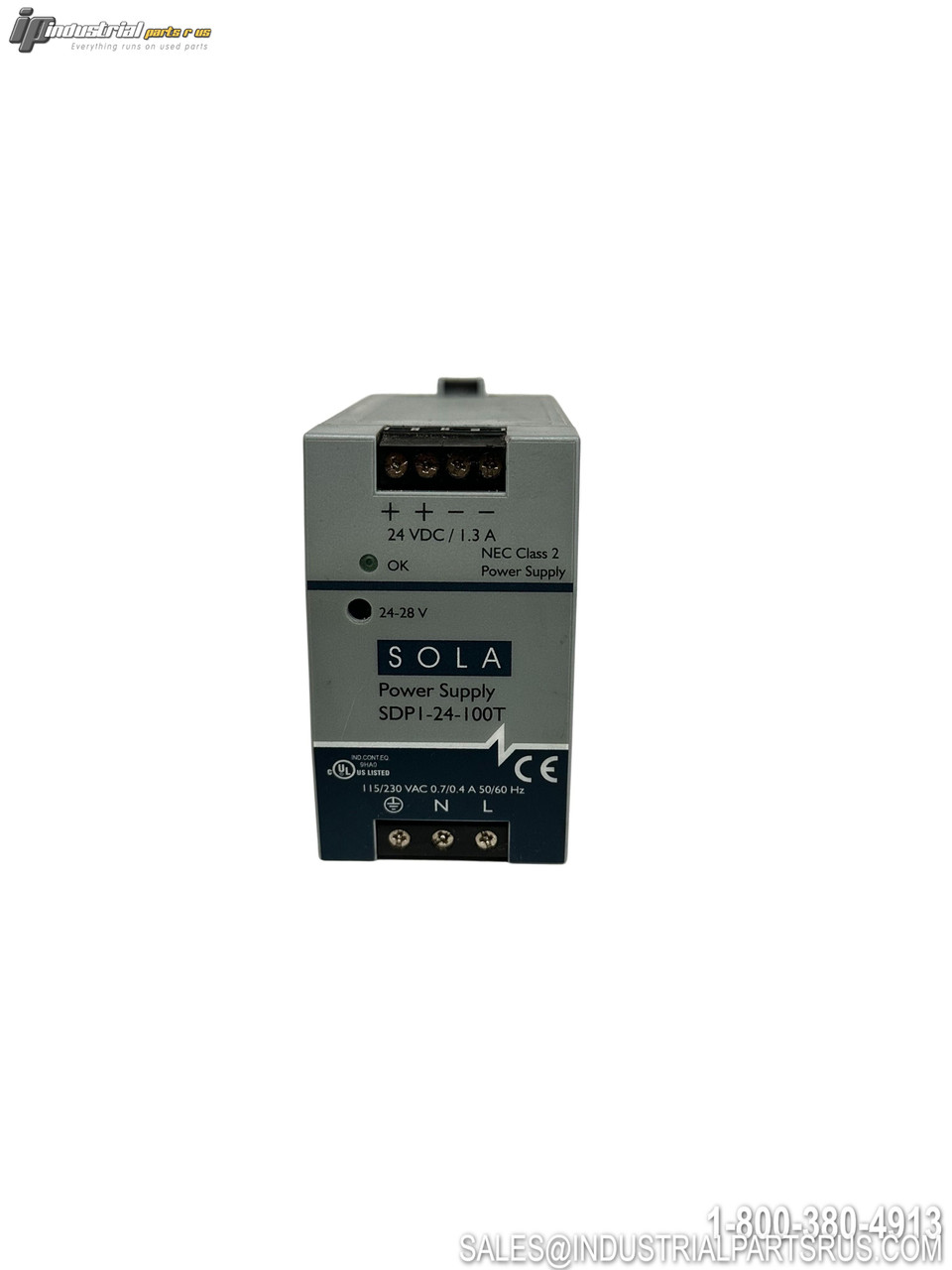 SOLA/HEVI-DUTY SDP1-24-100T 24VDC 100W DIN Rail Mount Switching Power Supply with Terminal Connections Front View