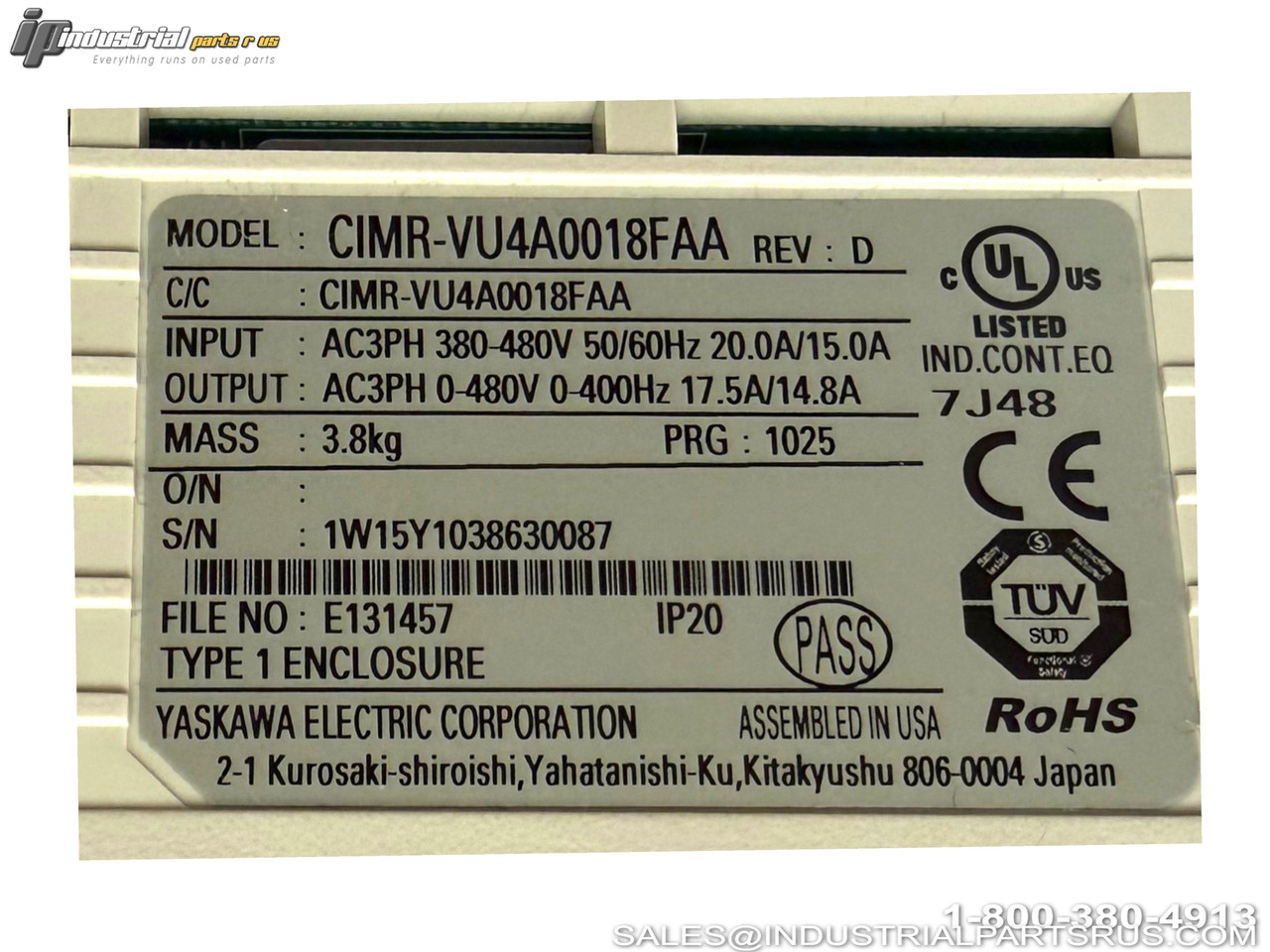 Yaskawa CIMR-VU4A0018FAA Variable Frequency Drive VFD open enclosure showing control panel terminal blocks circuit board