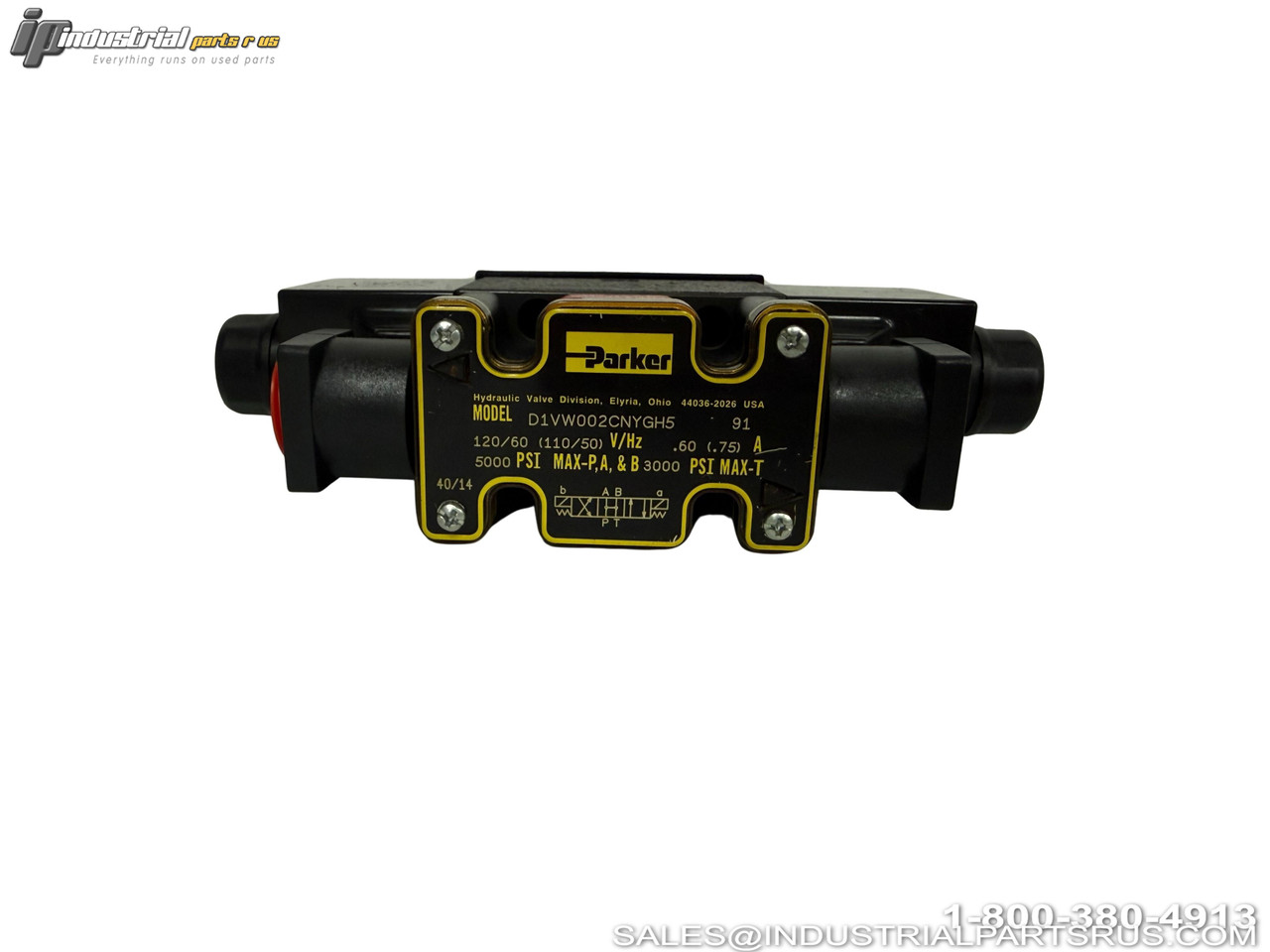 Parker D1VW002CNYGH5 Hydraulic Directional Control Valve 5000 PSI with Port Connections and Yellow Nameplate