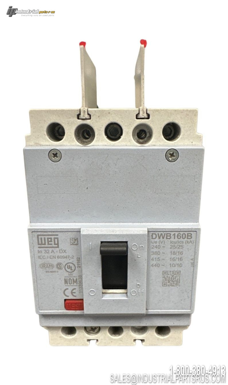 WEG DWB160B Circuit Breaker 32A 3-Pole Front View with Terminal Connections and Toggle Handle