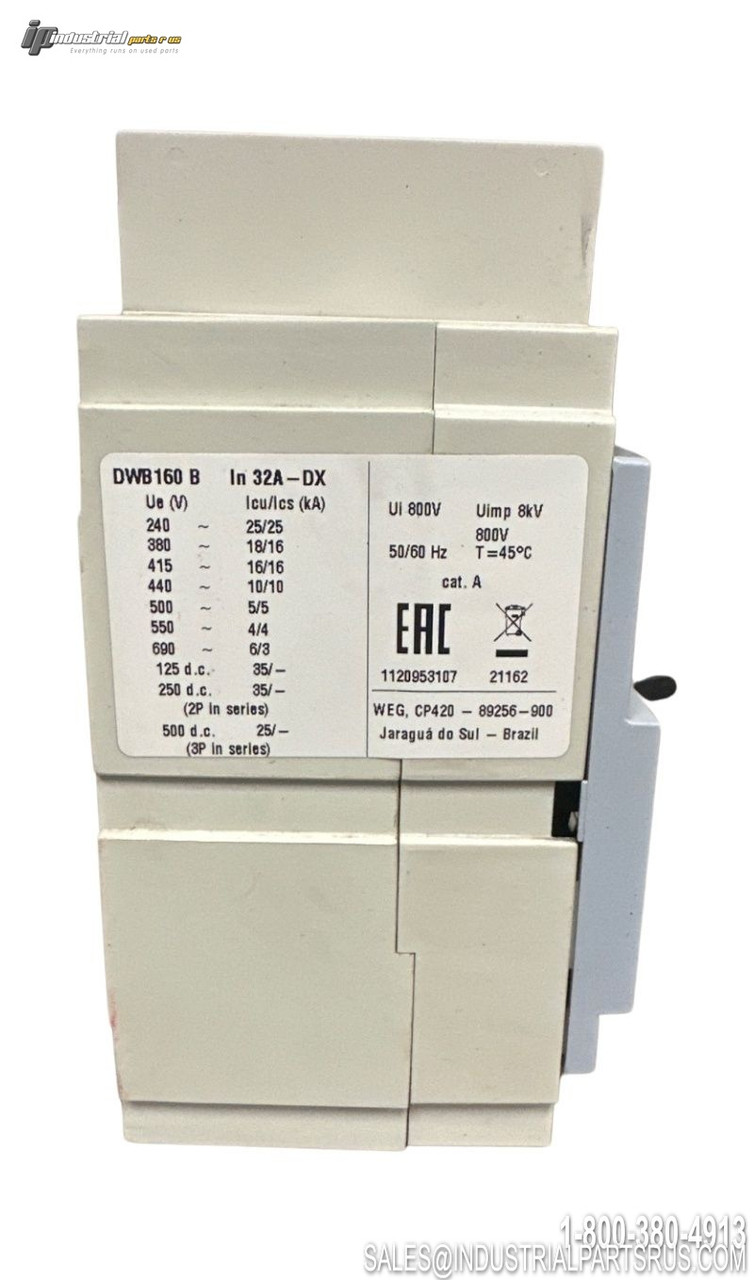 WEG DWB160B Circuit Breaker 32A 690V AC 125-500V DC DIN Rail Mount Nameplate Data Tag Industrial Protection Device
