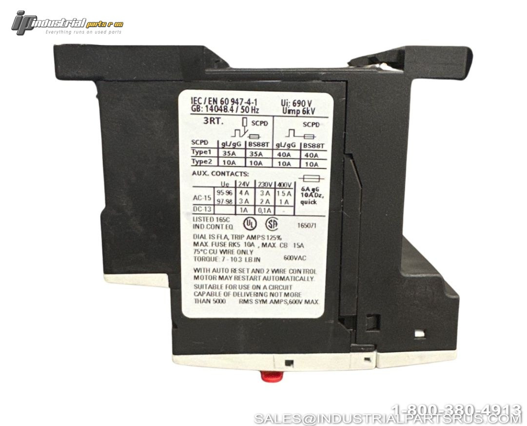 Siemens 3RU1916-3AA01 Nameplate Showing Model Number and Specifications