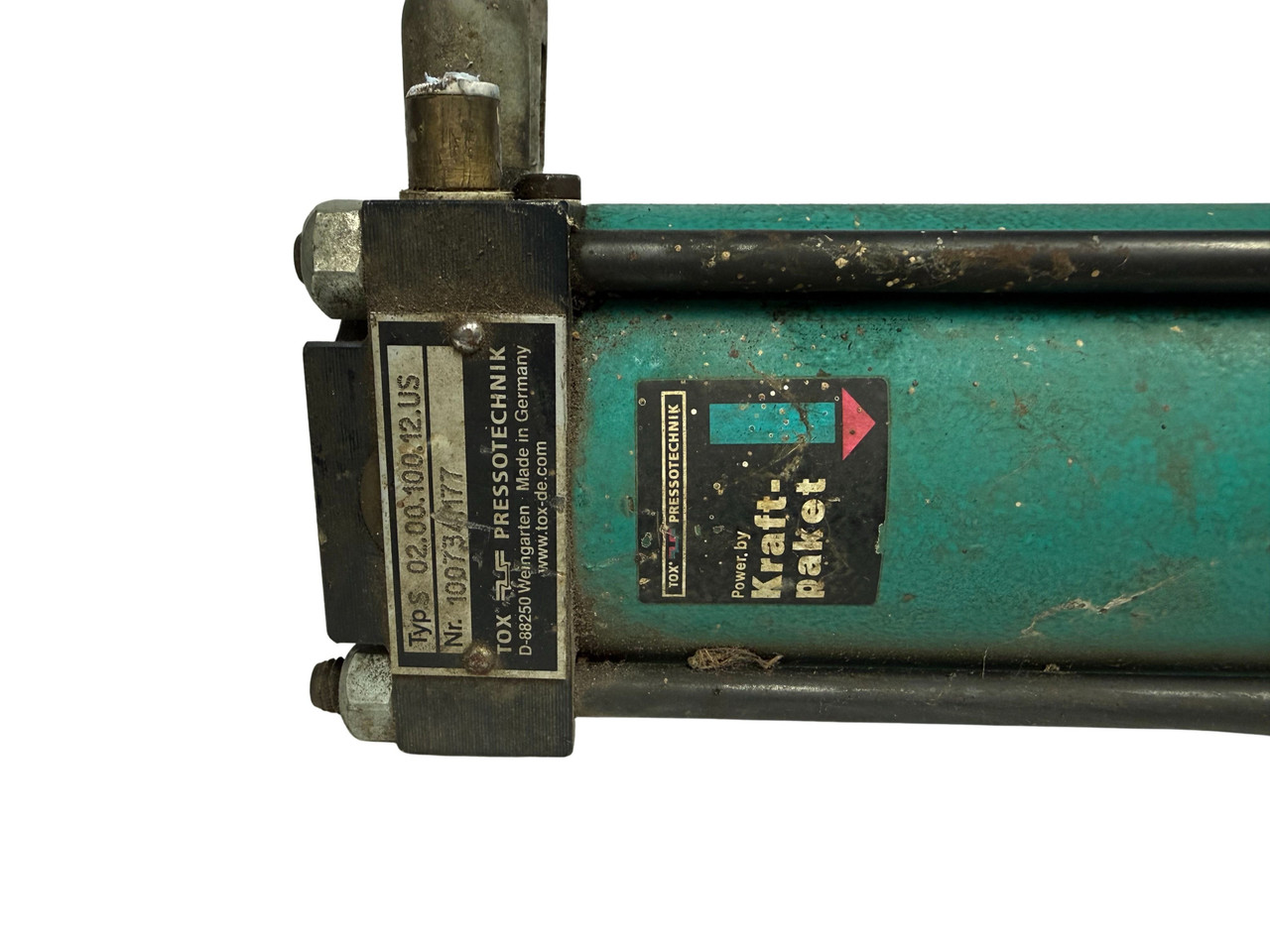 Tox Pressotechnik Type 2 02.00.100.12-US pneumatic cylinder with green anodized barrel and mounting brackets