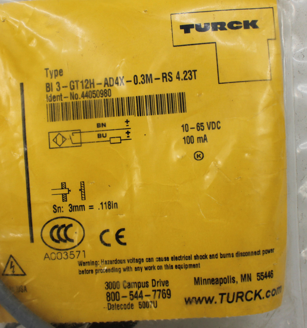 Turck BI 3-GT12H-AD4X-0.3M-RS 4.23T Proximity Switch 10-65 Vdc, 100 Ma New