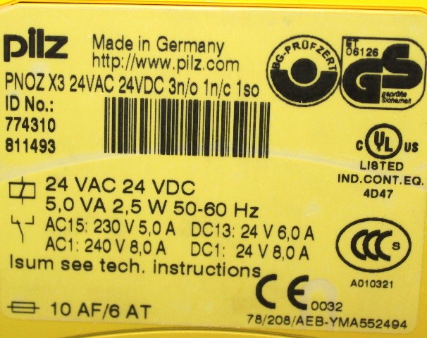 Pilz PNOZ X3 Safety Relay 24VAC 24VDC 3N/O 1N/C 1SO 24 Vac 24 Vdc