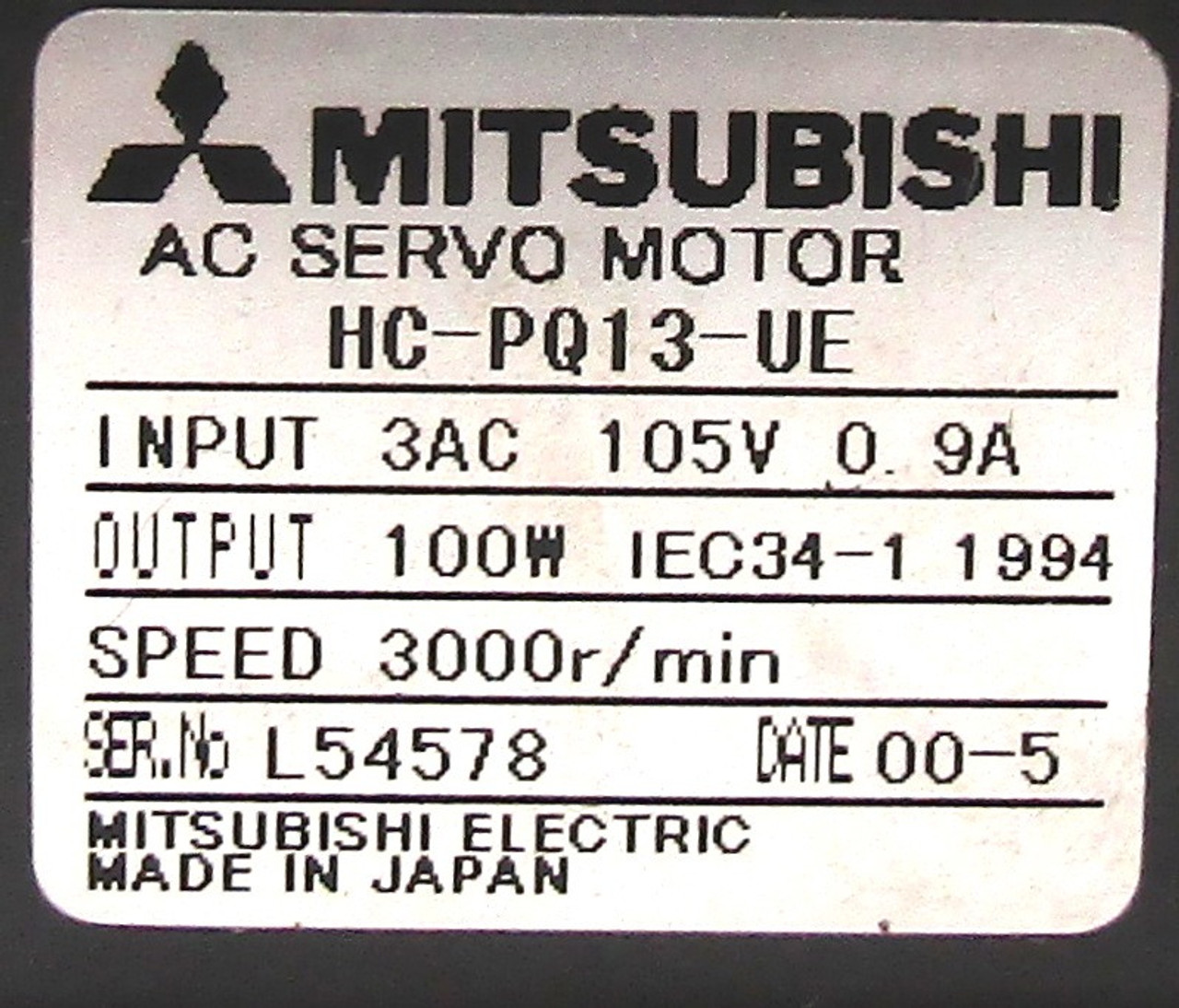 Mitsubishi HC-PQ13-UE Servo Motor 100W 3000RPM 105V 9A