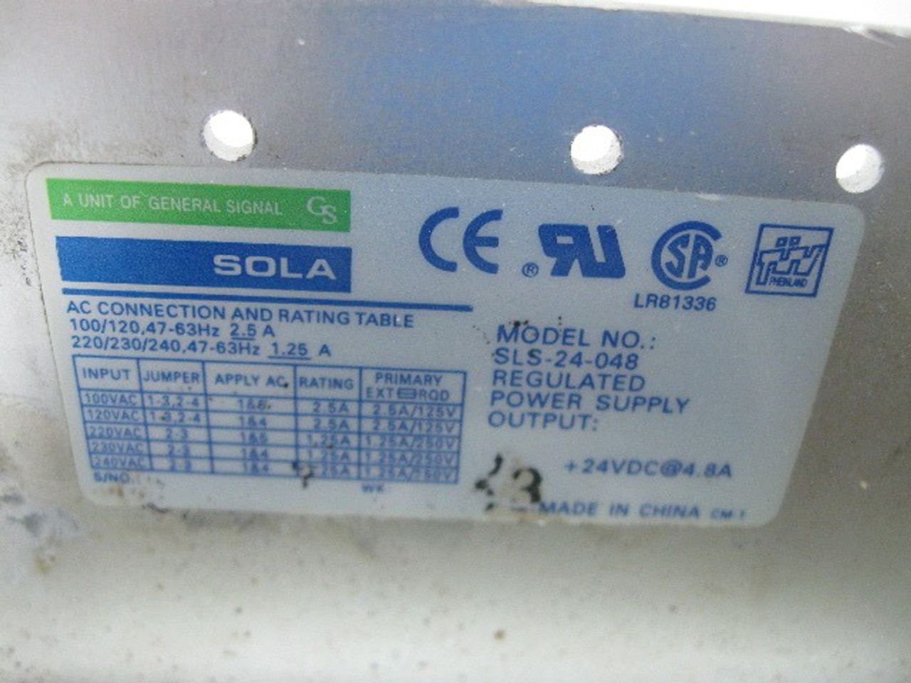 Sola SLS-24-048 Power Supply 24 VDC 4.8 Amps 100-240 Vac Input Voltage