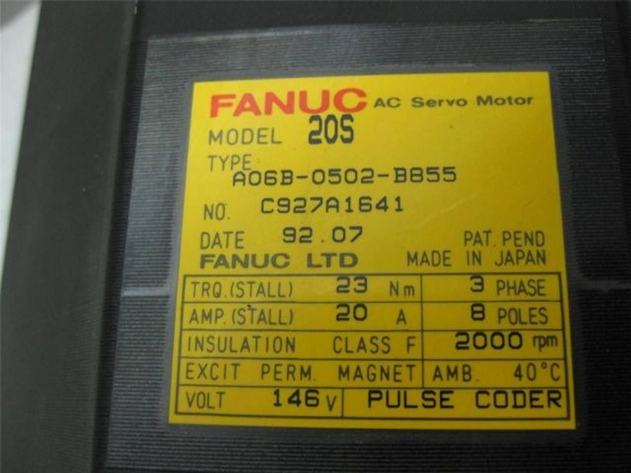 Fanuc A06B-0502-B855 AC Servo Motor 2000 RPM 146V Pulse Coder A06B0502B855