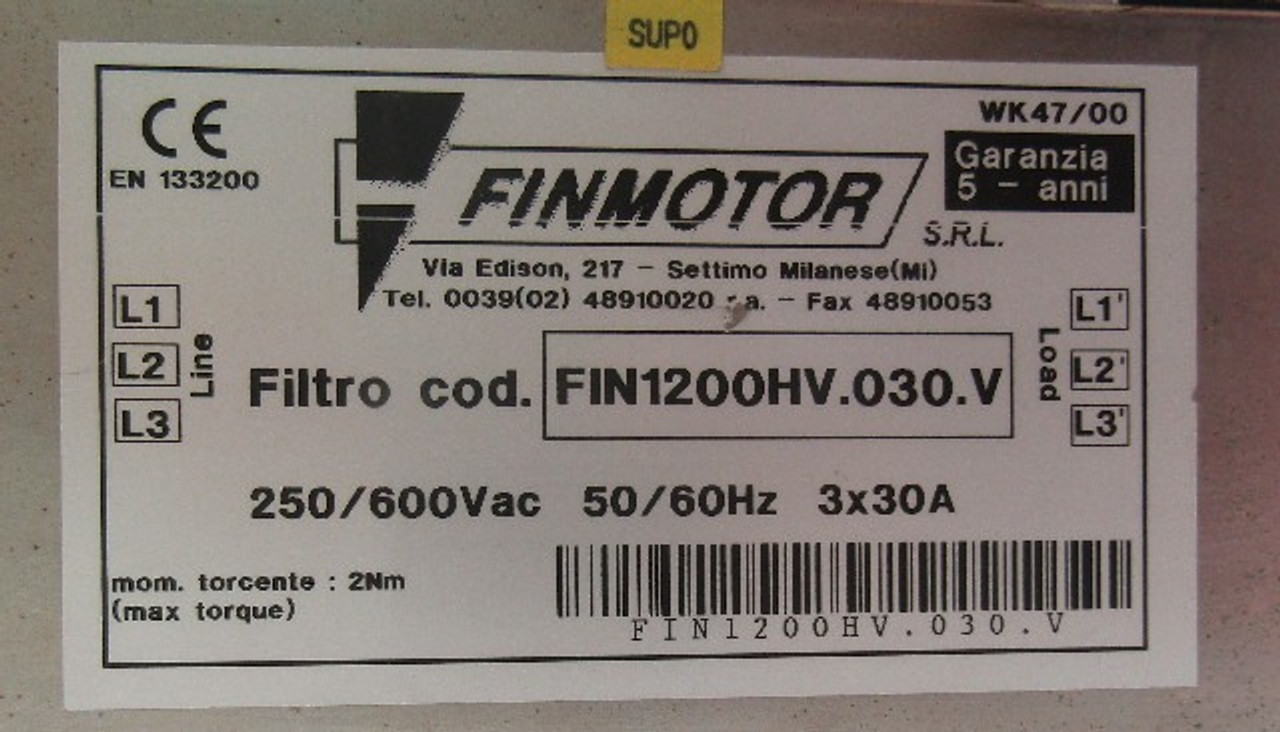 Finmotor FIN1200HV.030.V Line Filter 250/600Vac 50/60Hz 3x30A