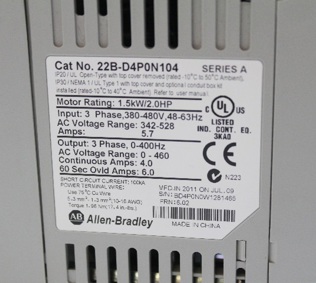 Allen Bradley 22B-D4P0N104 Ser. A w/22-Comm-E Ethernet/IP Adapter