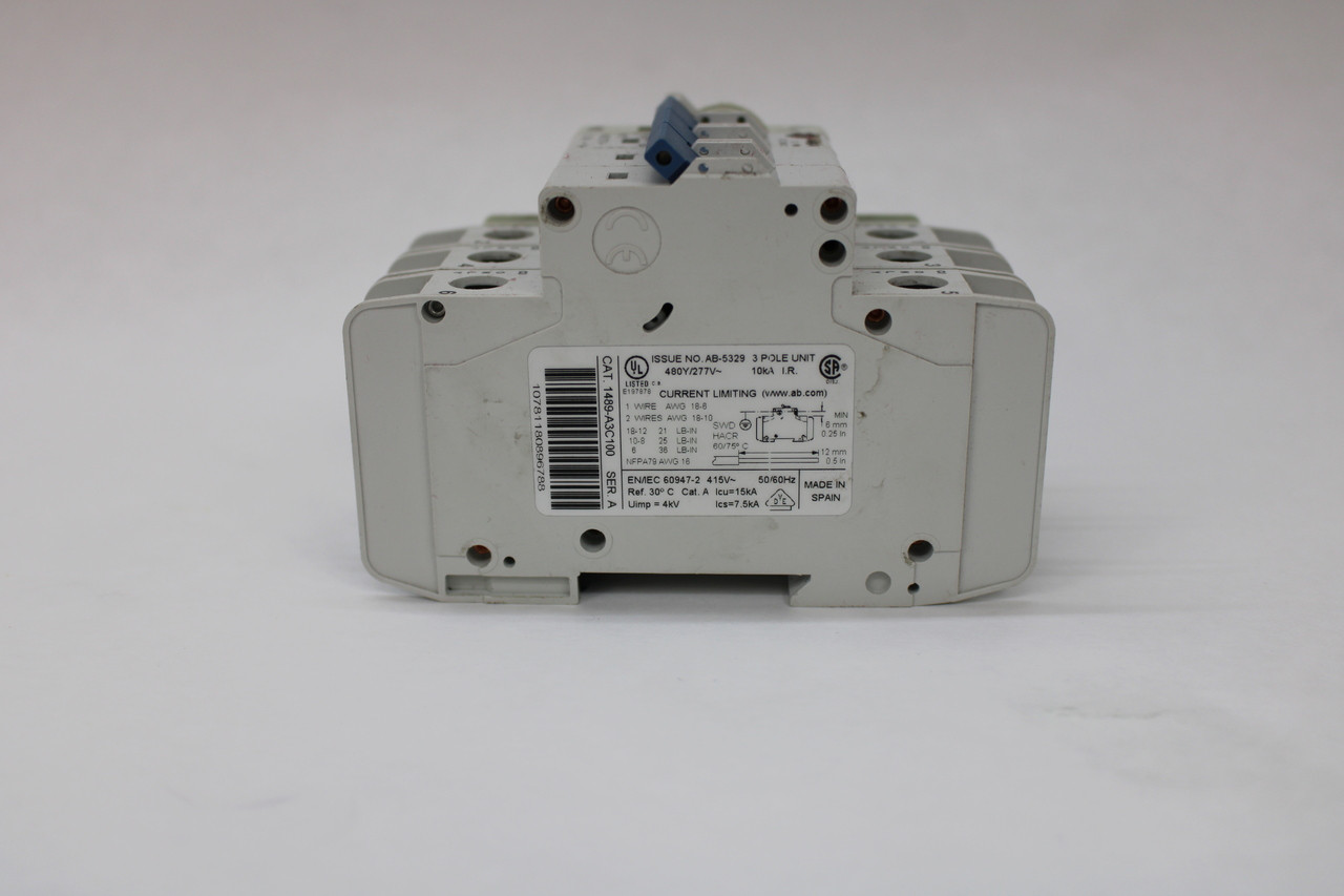 Allen Bradley 1489-A3C100 Ser. A Circuit Breaker w/1489-AAHH3 Ser. A Auxiliary Switch