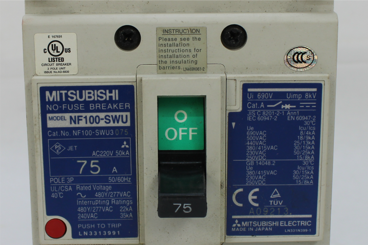 Mitsubishi NF100-SWU 75A No Fuse Circuit Breaker 3 Pole